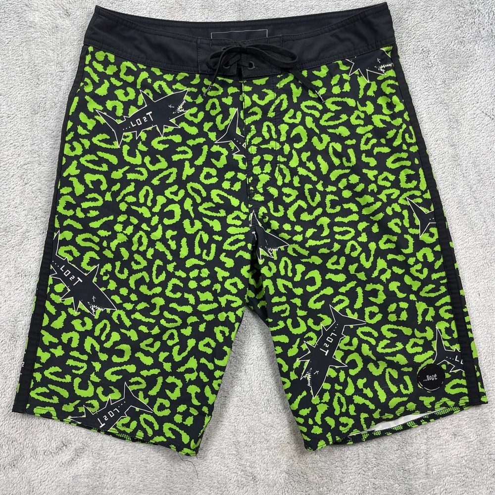 Lost Board Shorts Mens 30 Lime Green Shark Leopard Print Surf Swim Trunks